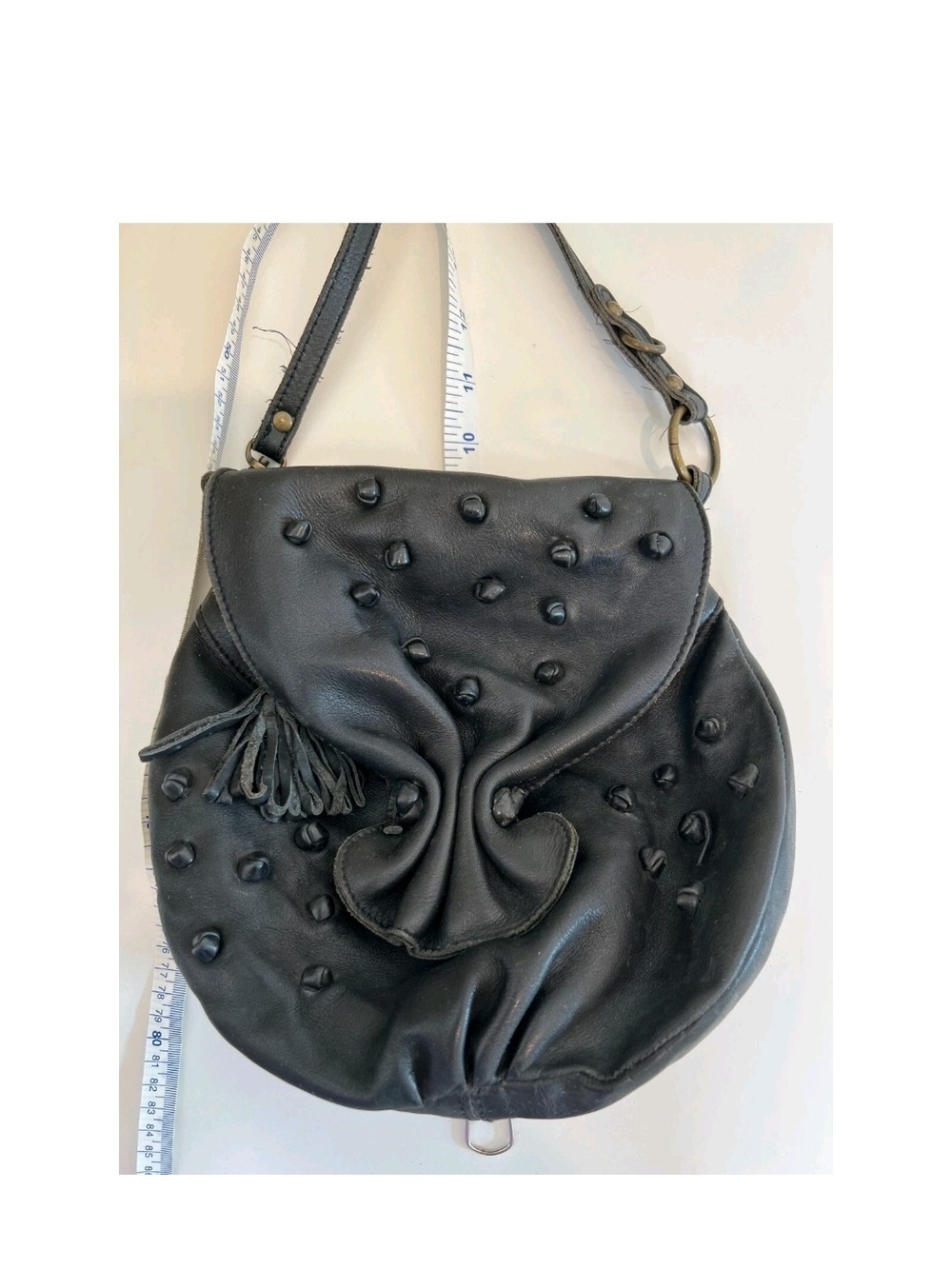 Black Studded Leather Shoulder Bag with Tassel